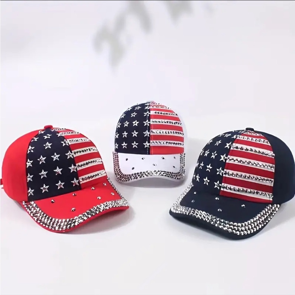 🇺🇸 1 Patriotic Rhinestone Baseball Cap - American Flag Star & Stripe - Picture 2 of 6